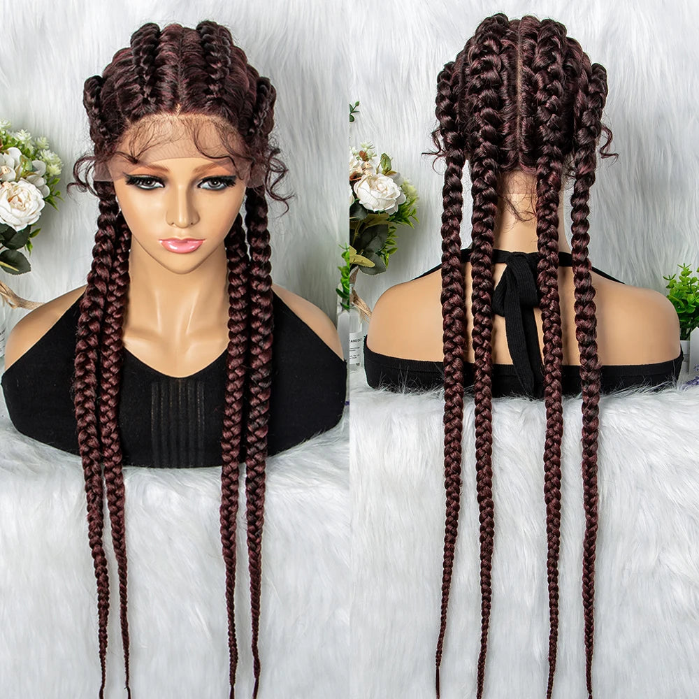 32 inches Large Four Braid Lace Wig for Black Women Braided Wig  Full Lace Box Braids Wig Women Synthetic Braided