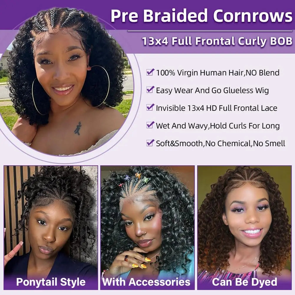Cornrow Braid Bob Wig Deep Curly Brazilian Human Hair Knotless 13x4 Full Lace Wigs Pre Braided Boho Box Braids Wig For Women