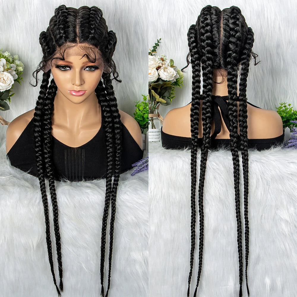 32 inches Large Four Braid Lace Wig for Black Women Braided Wig  Full Lace Box Braids Wig Women Synthetic Braided