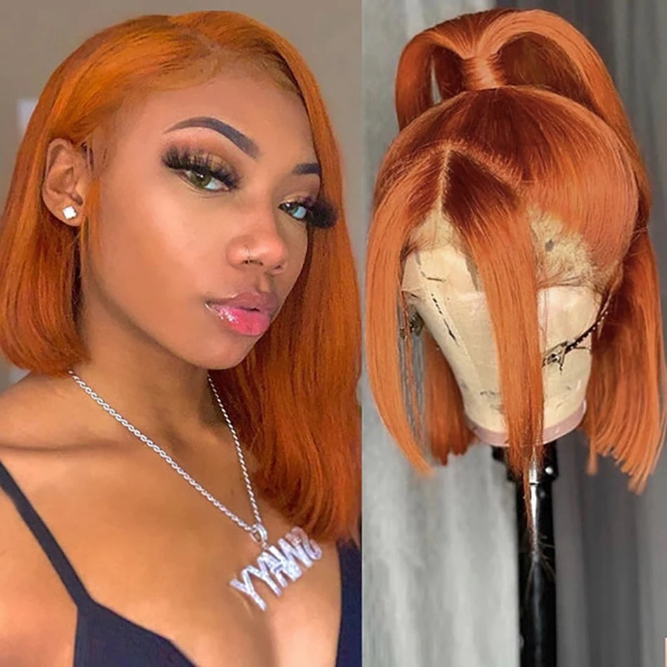 Human Hair Wig Grey Bob Wigs 200% 13x4 HD Transparent Ginger Orange Lace Front Bob Blunt Cut Straight Colored Wigs Pre Plucked