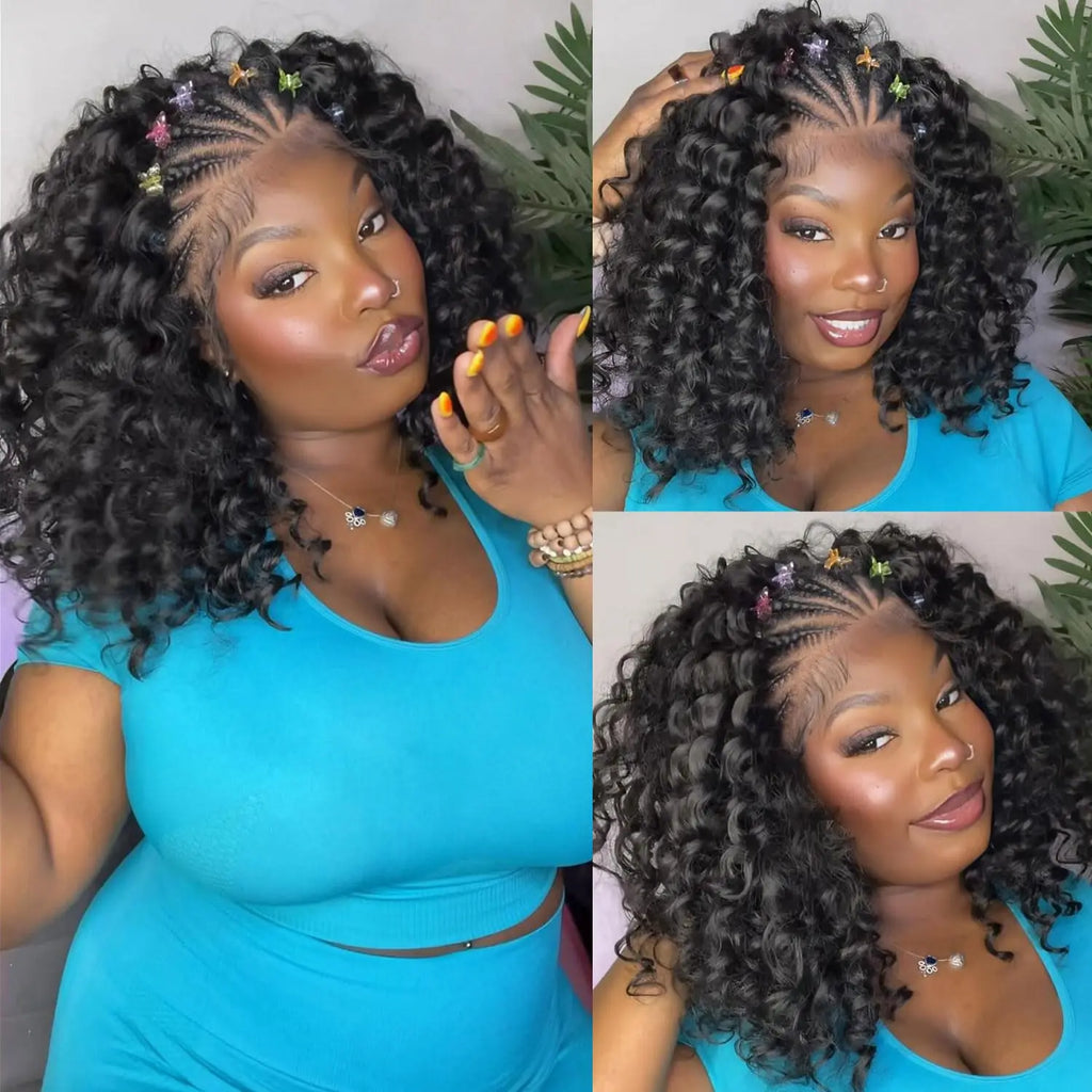 Cornrow Braid Bob Wig Deep Curly Brazilian Human Hair Knotless 13x4 Full Lace Wigs Pre Braided Boho Box Braids Wig For Women