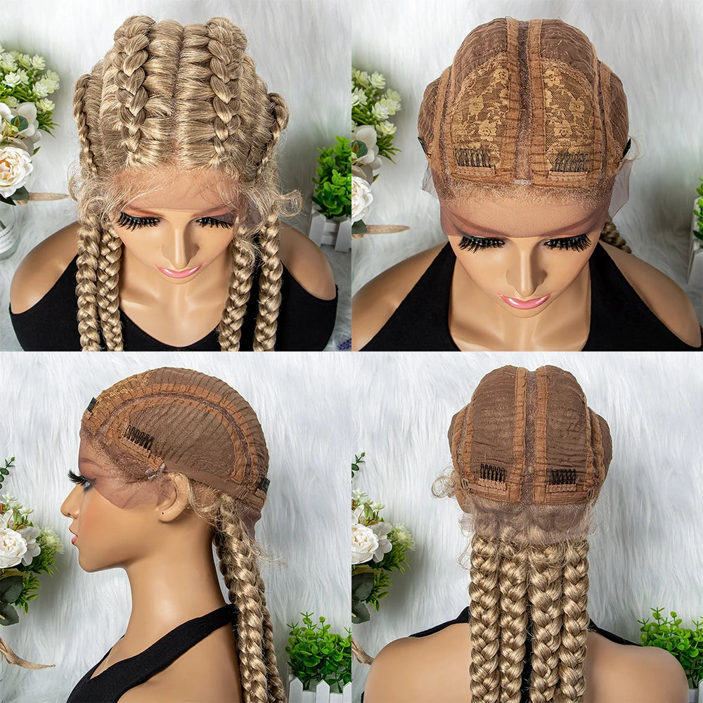 32 inches Large Four Braid Lace Wig for Black Women Braided Wig  Full Lace Box Braids Wig Women Synthetic Braided