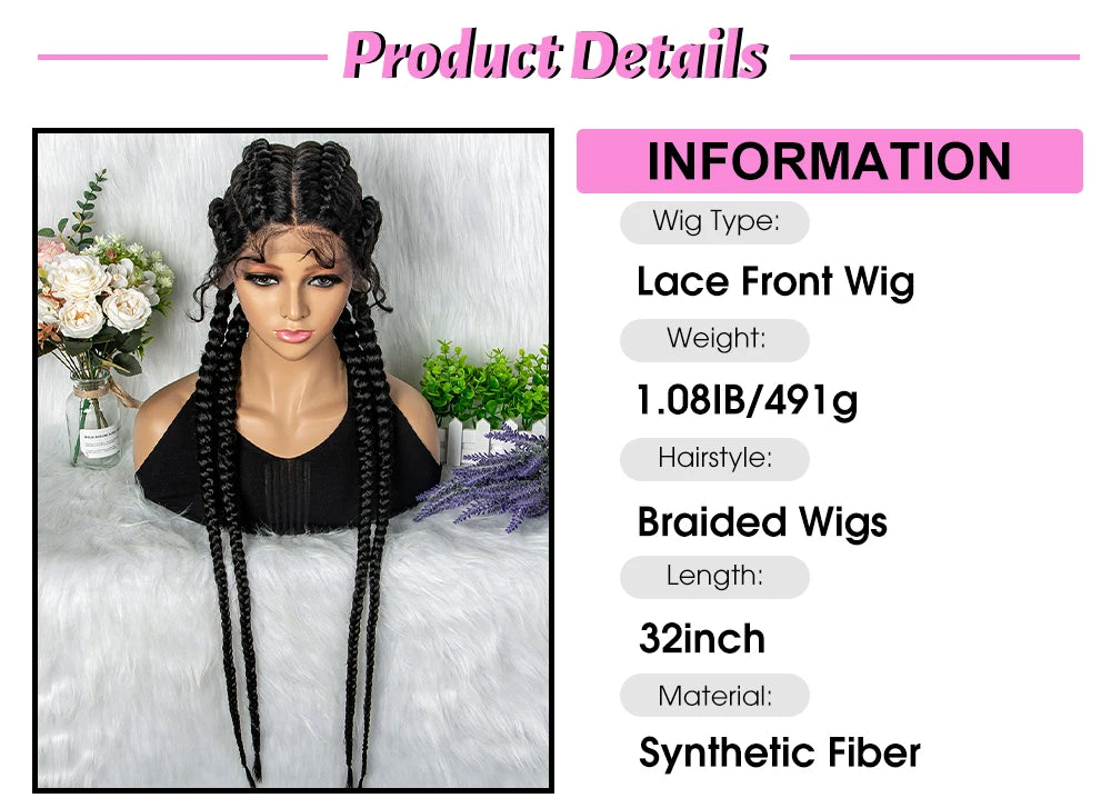 32 inches Large Four Braid Lace Wig for Black Women Braided Wig  Full Lace Box Braids Wig Women Synthetic Braided