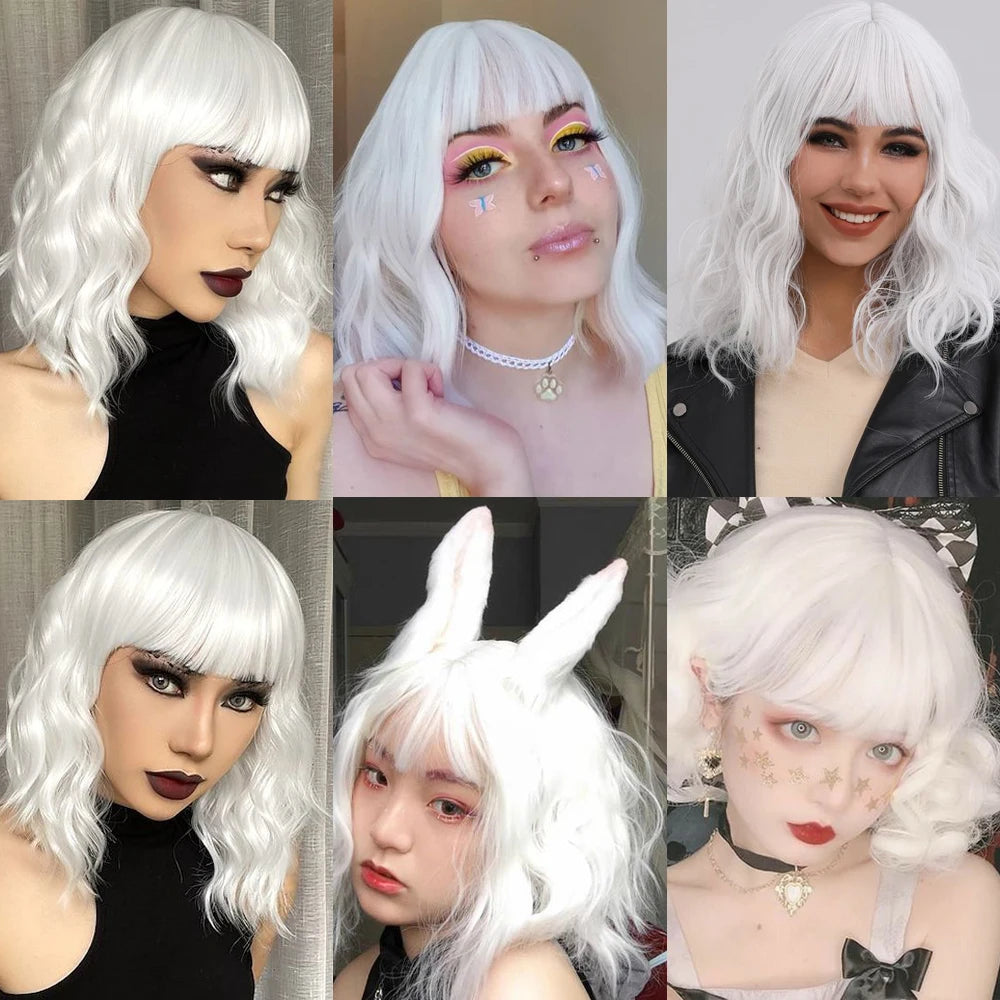 Short Curly Wavy White Synthetic Wig White Lolita Hair Wig with Bangs for Women Natural Cosplay Party Halloween Heat Resistant