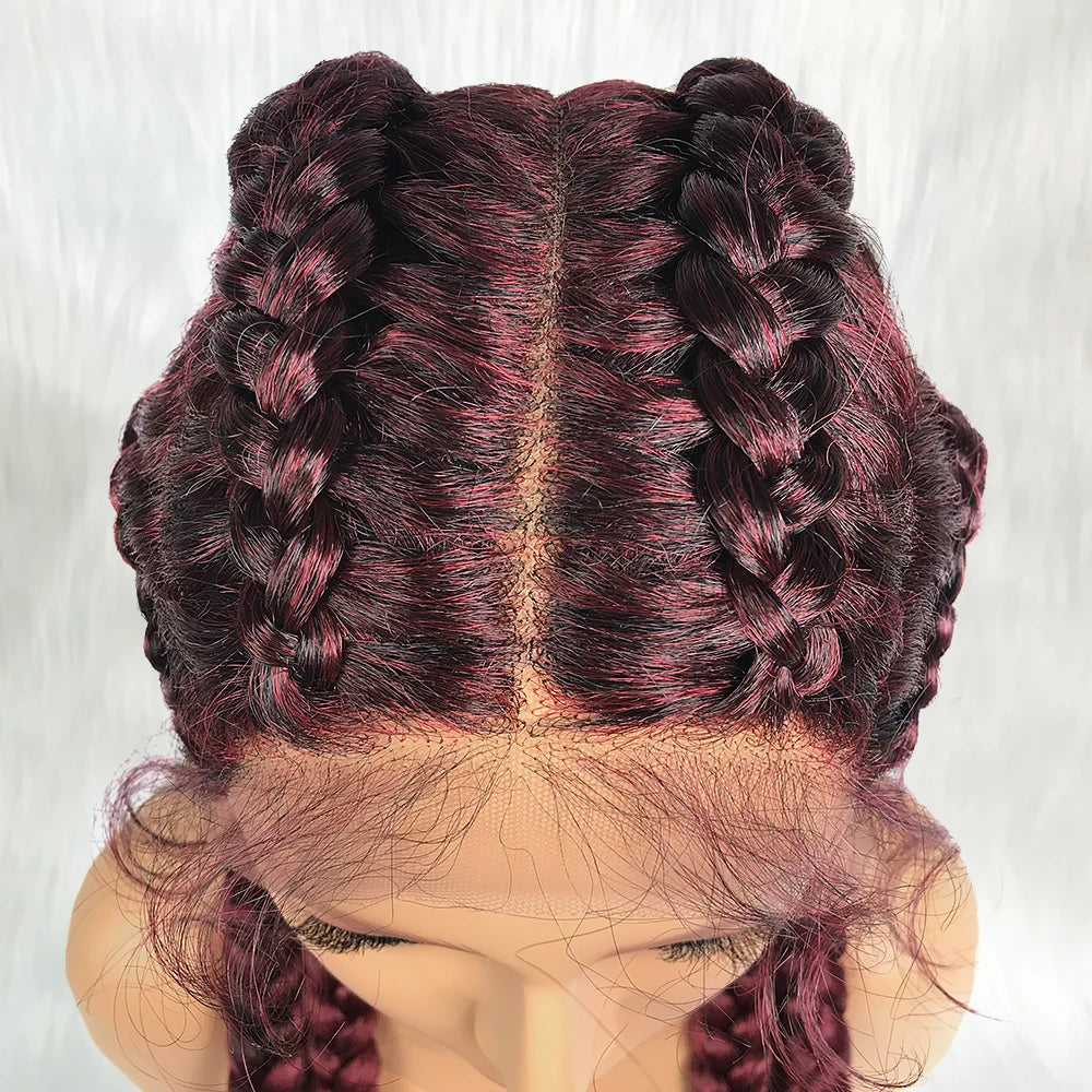Synthetic Lace Cornrow Box Braids Wig Braided Wigs Burgundy Hair Wig For Black Women American African Wig