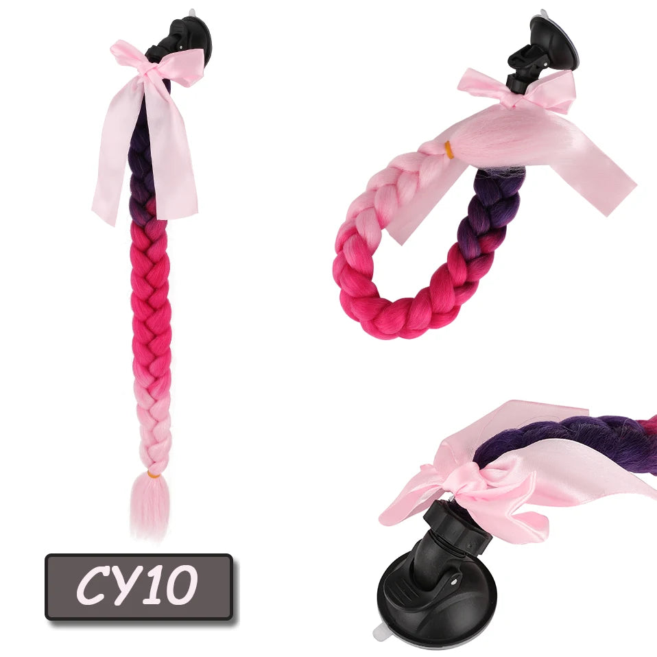 Benehair Syntheitc Helmet Pigtails Gradient Ramp Helmet Braids Ponytail Hair with Suction Cup with Bowknot for Motor Bike 1PCS