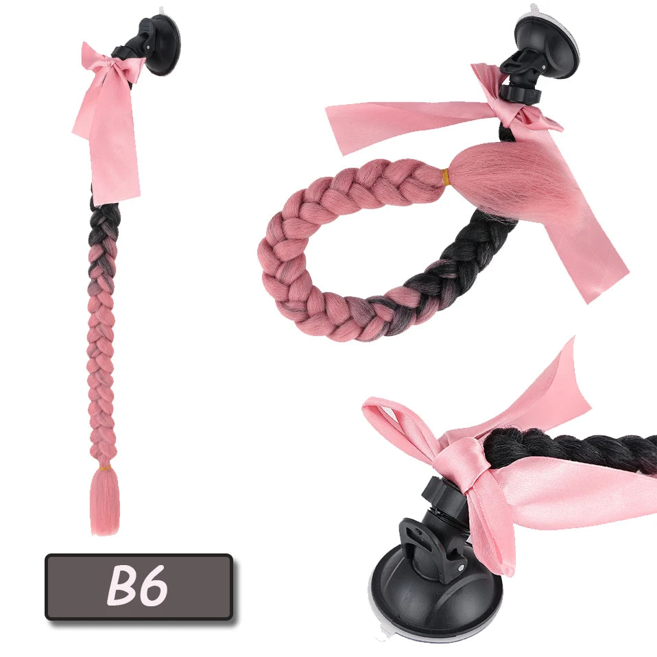 Benehair Syntheitc Helmet Pigtails Gradient Ramp Helmet Braids Ponytail Hair with Suction Cup with Bowknot for Motor Bike 1PCS