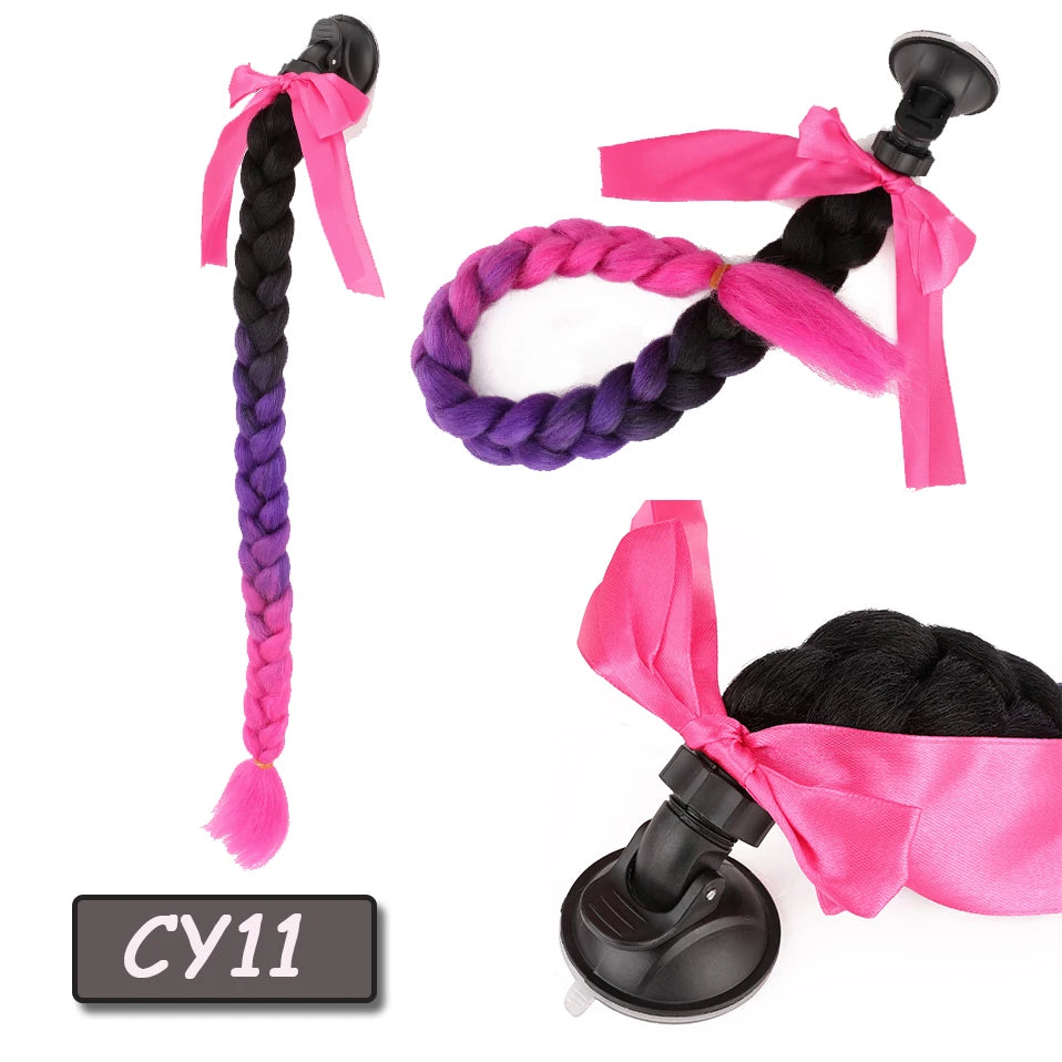 Benehair Syntheitc Helmet Pigtails Gradient Ramp Helmet Braids Ponytail Hair with Suction Cup with Bowknot for Motor Bike 1PCS