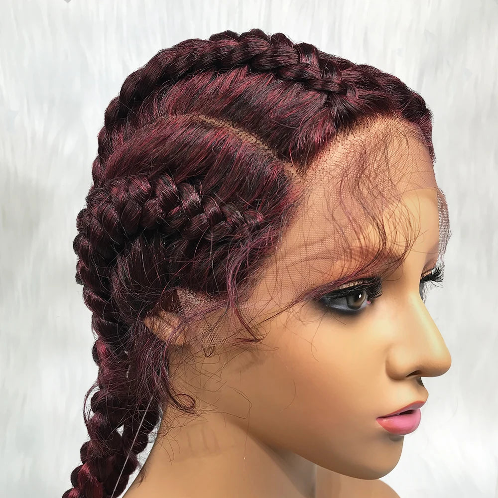 Synthetic Lace Cornrow Box Braids Wig Braided Wigs Burgundy Hair Wig For Black Women American African Wig