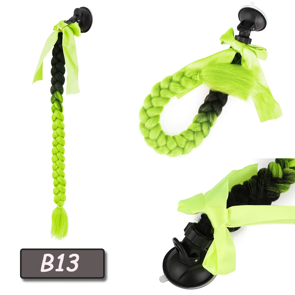 Benehair Syntheitc Helmet Pigtails Gradient Ramp Helmet Braids Ponytail Hair with Suction Cup with Bowknot for Motor Bike 1PCS