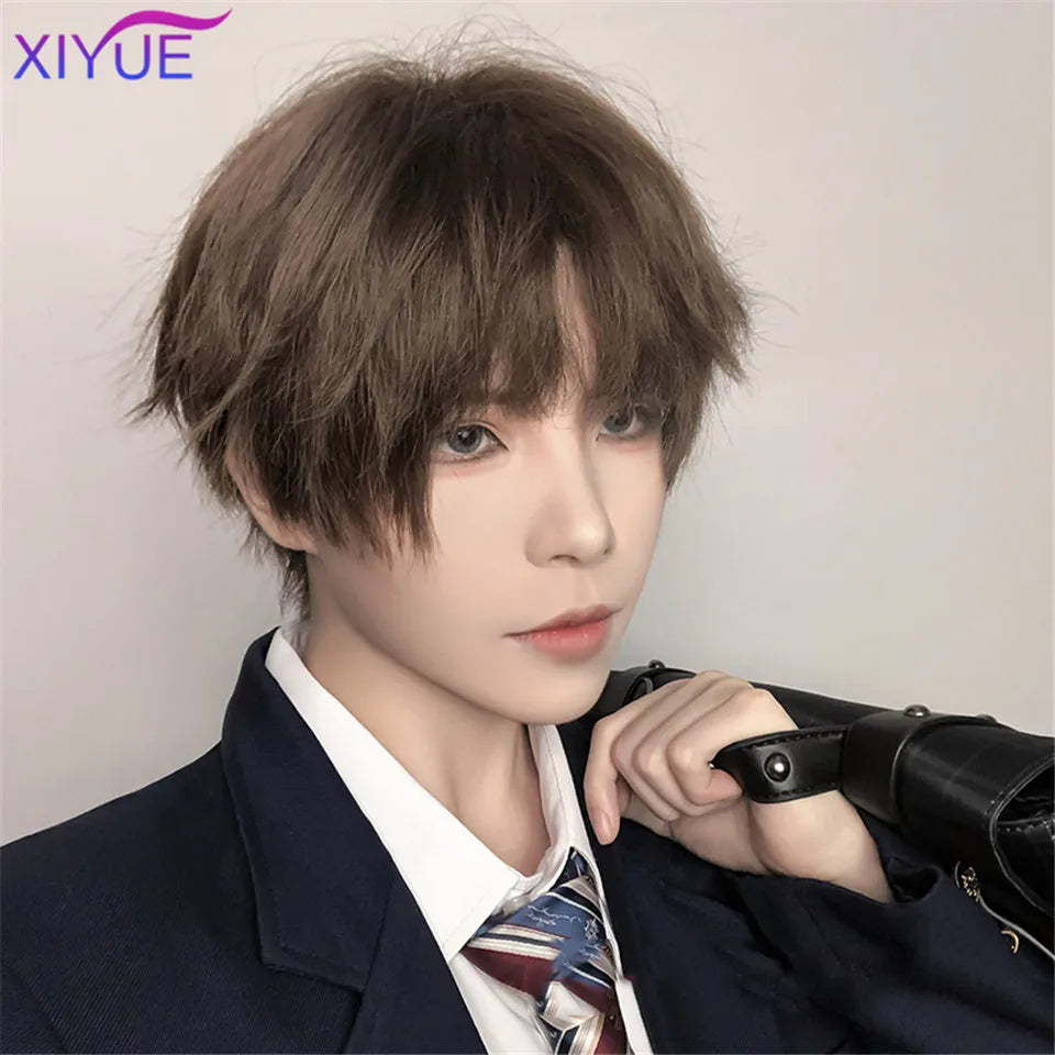 Short Synthetic Men's Breathable Wig Brown Men Boy Short Straight Cosplay Men Party Black Heat Resistant Synthetic Hair Wig