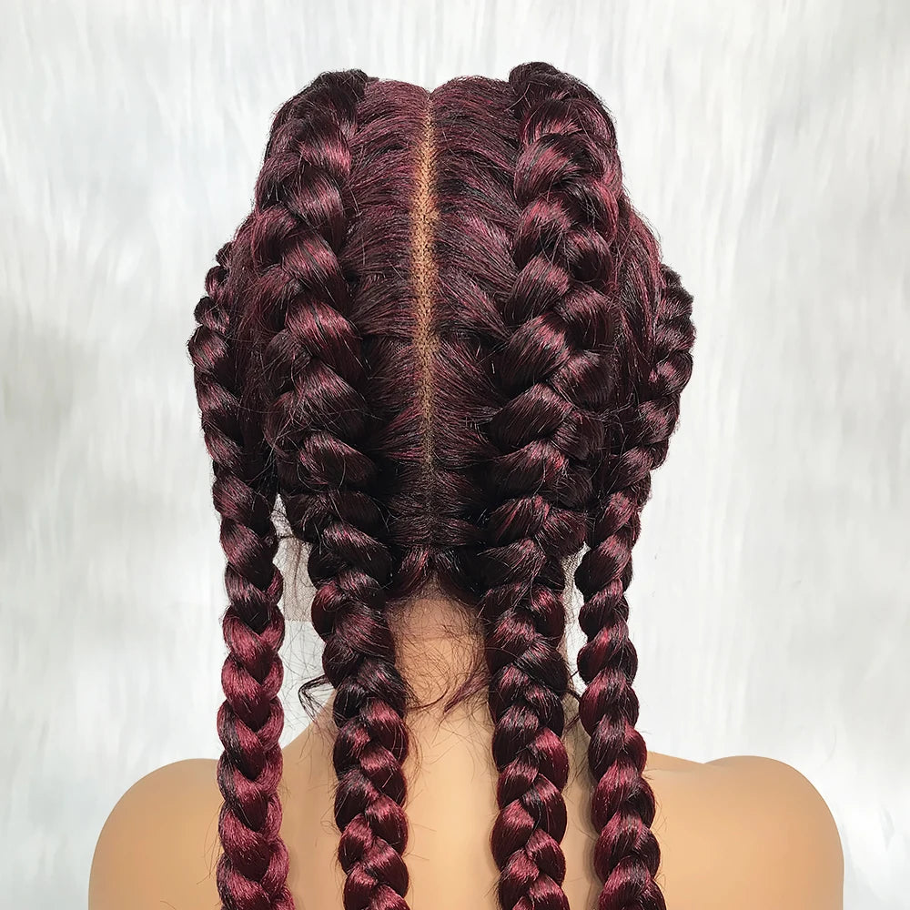 Synthetic Lace Cornrow Box Braids Wig Braided Wigs Burgundy Hair Wig For Black Women American African Wig
