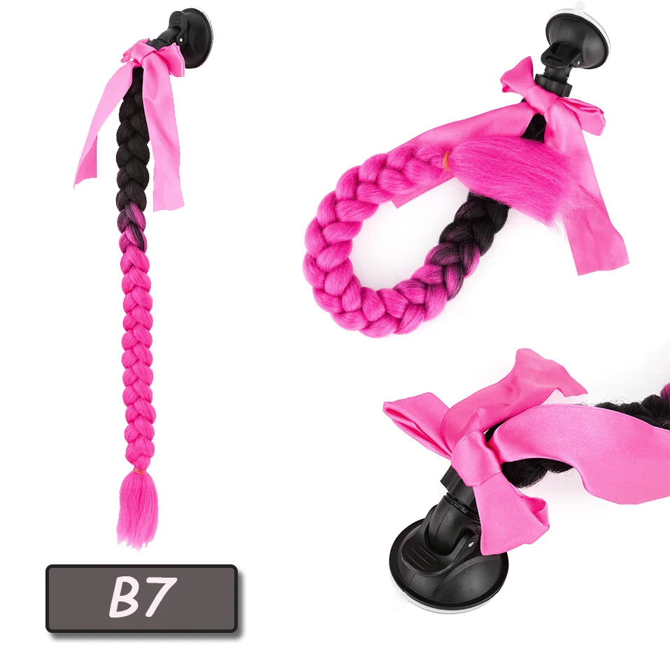 Benehair Syntheitc Helmet Pigtails Gradient Ramp Helmet Braids Ponytail Hair with Suction Cup with Bowknot for Motor Bike 1PCS