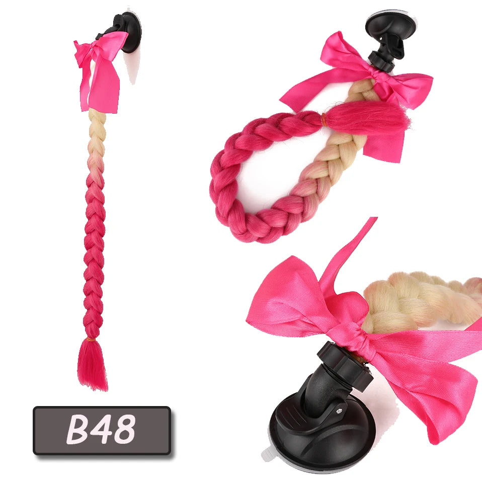 Benehair Syntheitc Helmet Pigtails Gradient Ramp Helmet Braids Ponytail Hair with Suction Cup with Bowknot for Motor Bike 1PCS