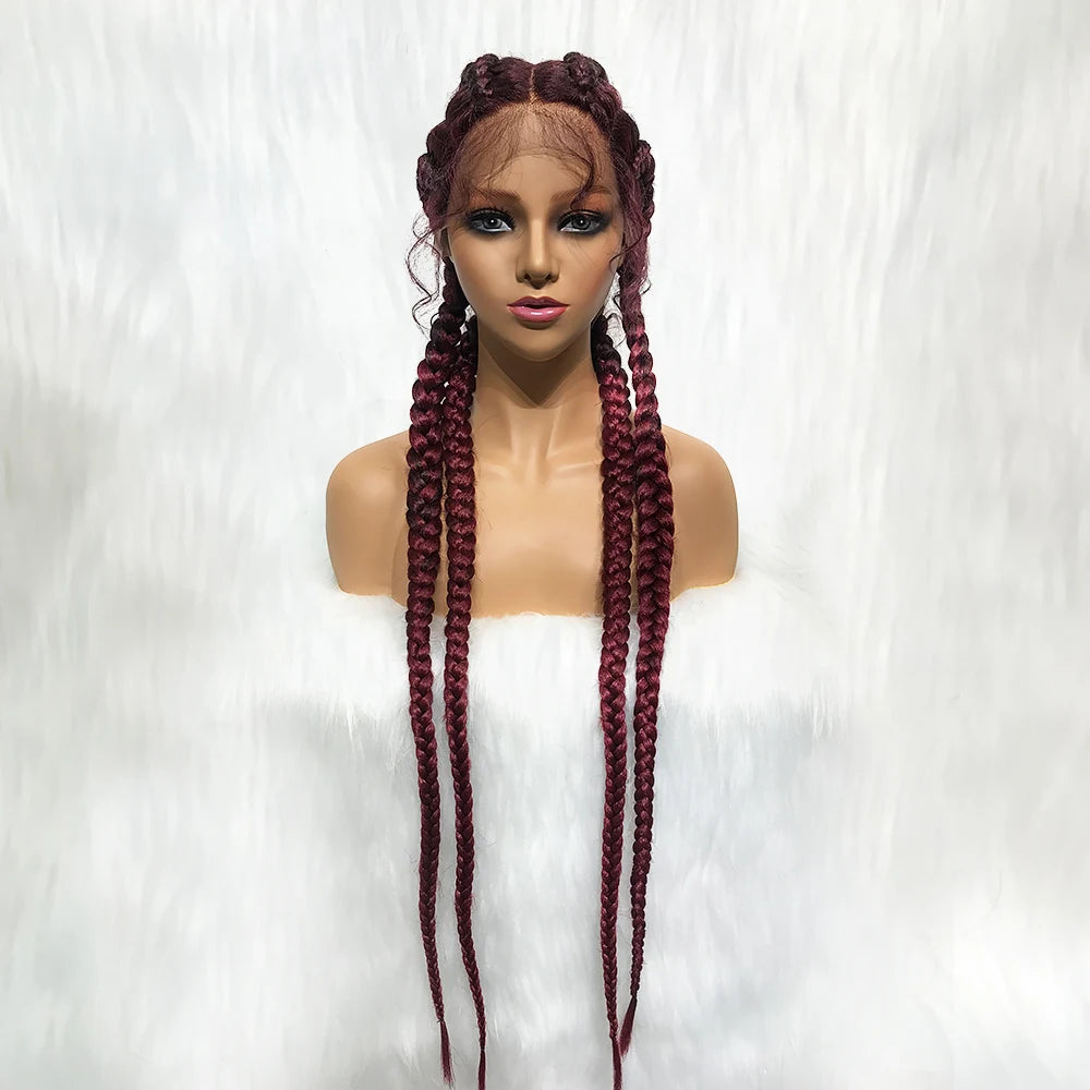 Synthetic Lace Cornrow Box Braids Wig Braided Wigs Burgundy Hair Wig For Black Women American African Wig