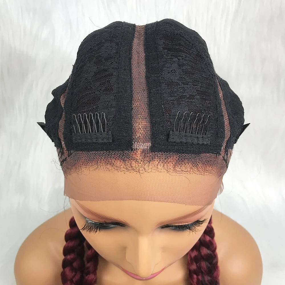 Synthetic Lace Cornrow Box Braids Wig Braided Wigs Burgundy Hair Wig For Black Women American African Wig