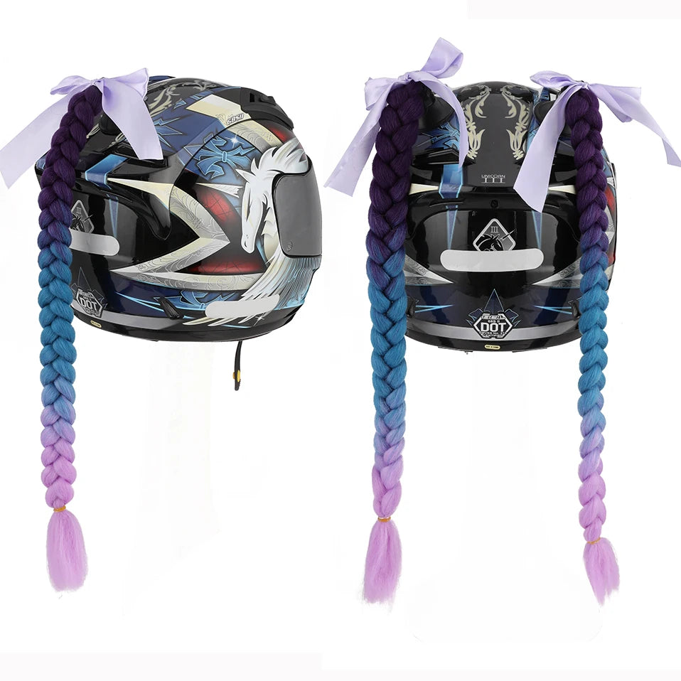 Benehair Syntheitc Helmet Pigtails Gradient Ramp Helmet Braids Ponytail Hair with Suction Cup with Bowknot for Motor Bike 1PCS