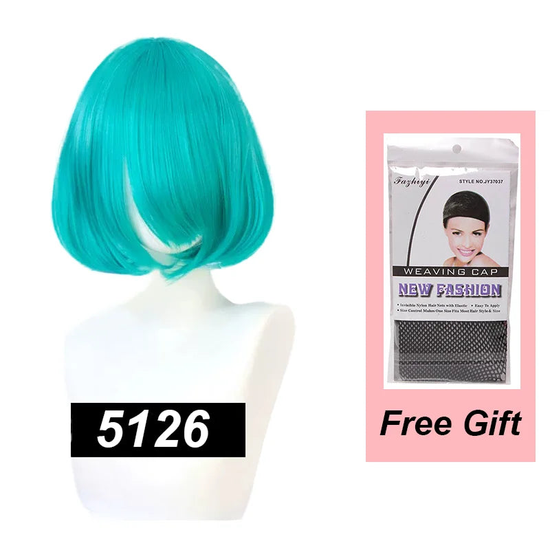 Snoya 35cm Synthetic short bob straight hair with trimmable bangs Lolita pink green blonde red cosplay wigs for women+wig cap