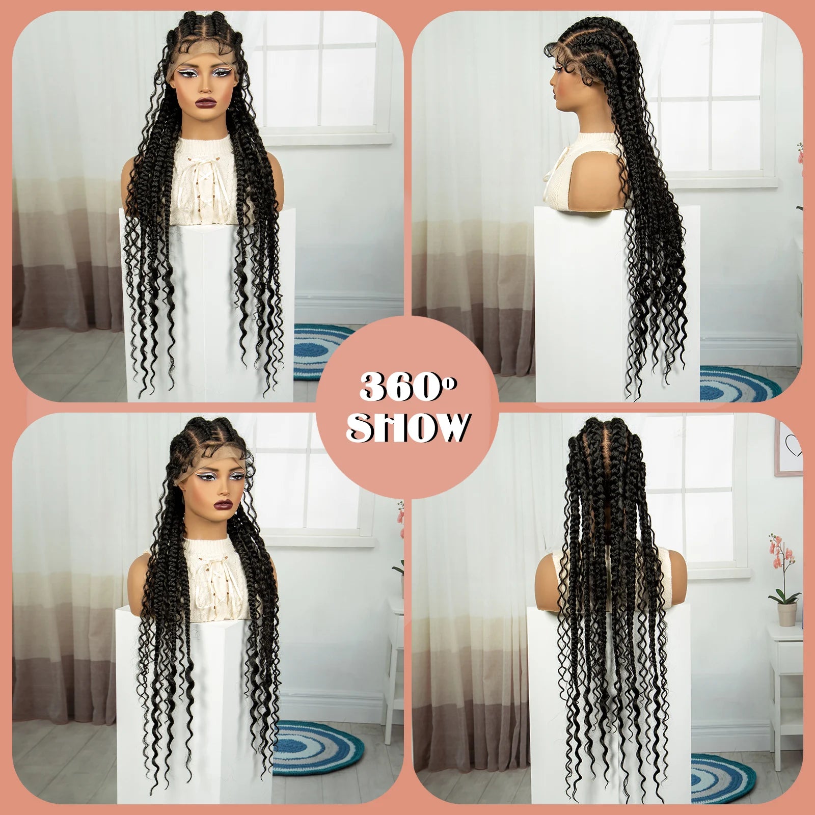 34Inch Cornrow Braided Wigs with Curly ends Synthetic Full Lace Braids Wigs Lace Frontal Braided Lace Wig for Black Women