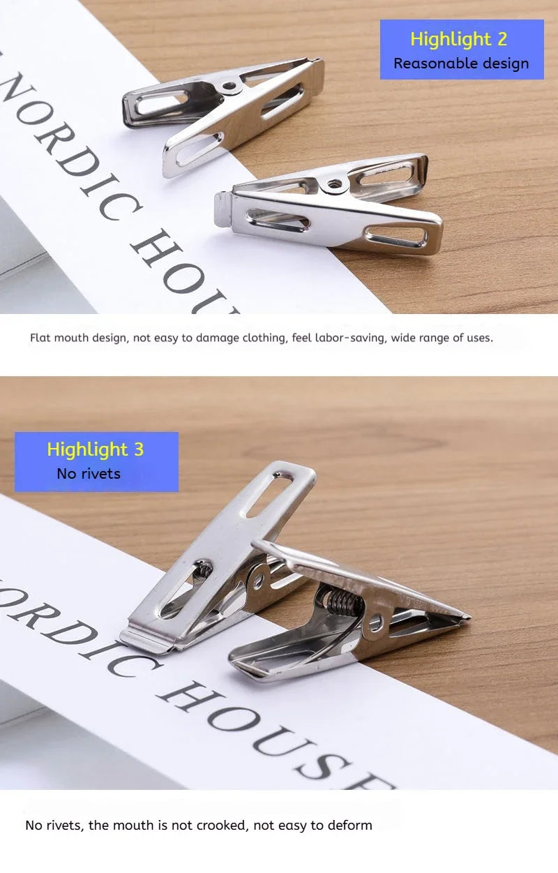20pcs Stainless Steel Flat Mouth Clothespins, Binder Clips, Drying Hanger, Metal Clip Set, Metal Clothes Clips For Clothes Sock