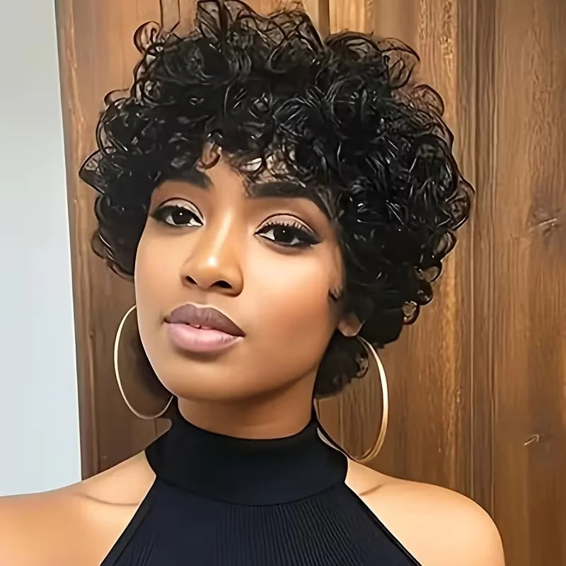 Human Hair Wig Short Curly Pixie Cut with Bangs for  Women Human Hair Machine Made