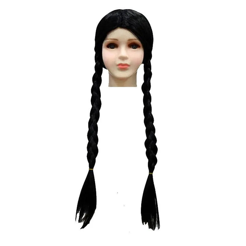 Kids Black Double Braid Flat Bangs for Girls Wednesday Role-playing Synthetic Wig Suitable for Parties Girl Wednesday Cosplay