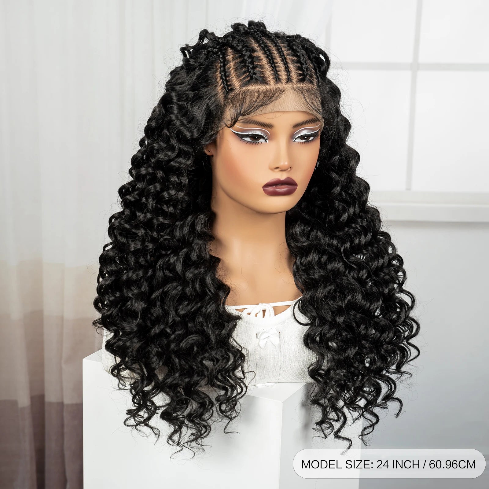 26Inch Cornrow Braided Wigs 13x6 Transparent Lace Front Deep Wave Hair Wigs Synthetic Kinky Curly Brazilian Hair Wigs for Women