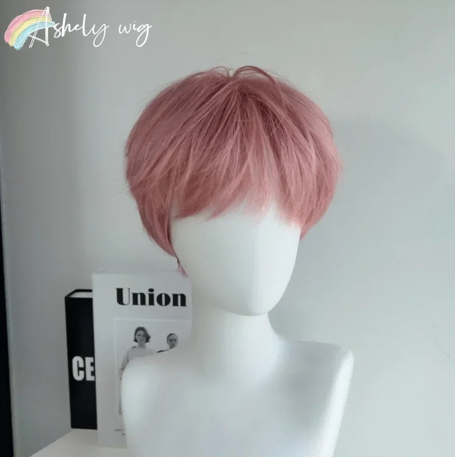 Pink Short Wig for Boy Men Cool Cosplay Blonde Black Wigs Synthetic Wig Heat Resistant Fiber Peruca Cacheada Sintetica