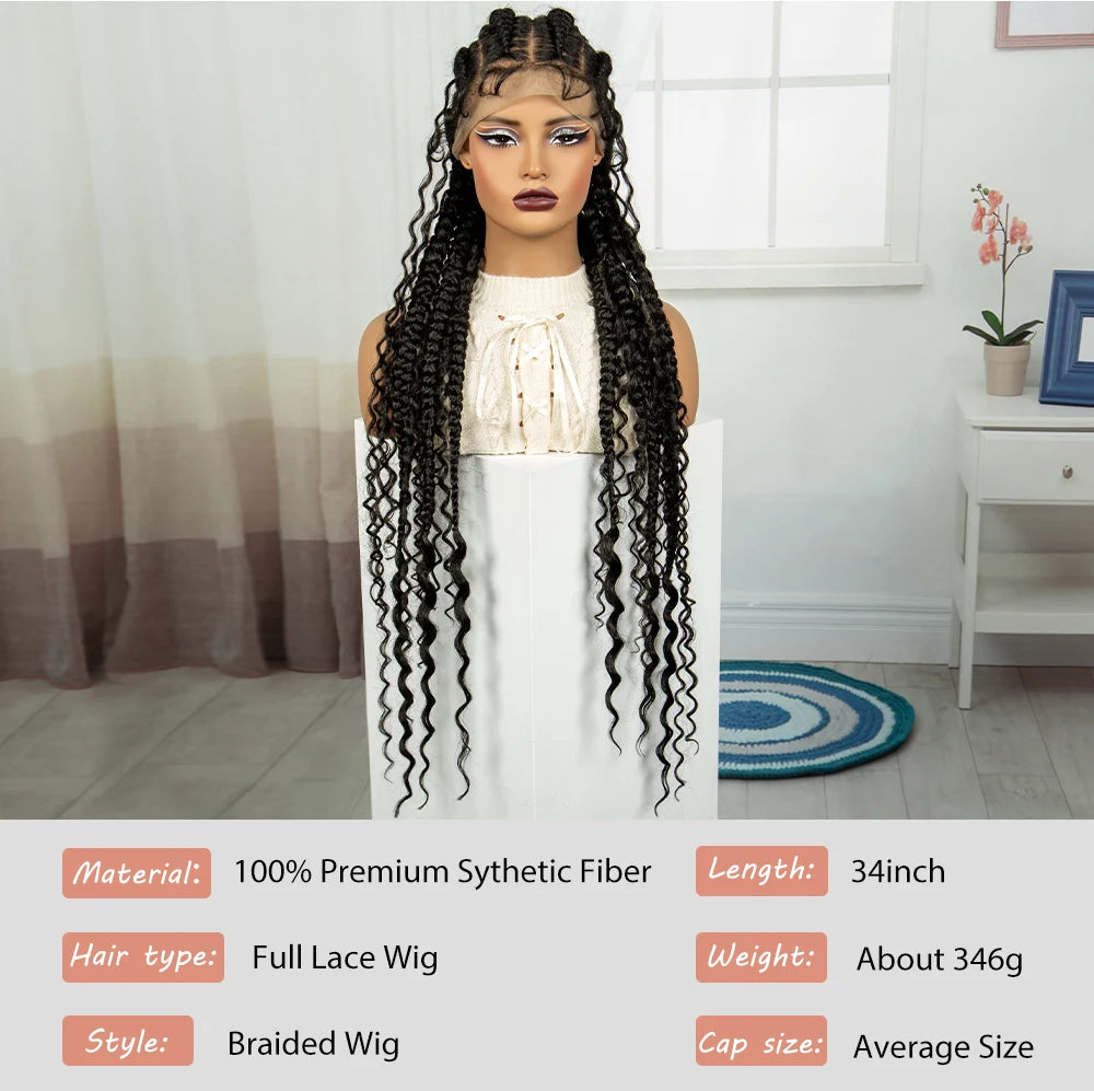 34Inch Cornrow Braided Wigs with Curly ends Synthetic Full Lace Braids Wigs Lace Frontal Braided Lace Wig for Black Women