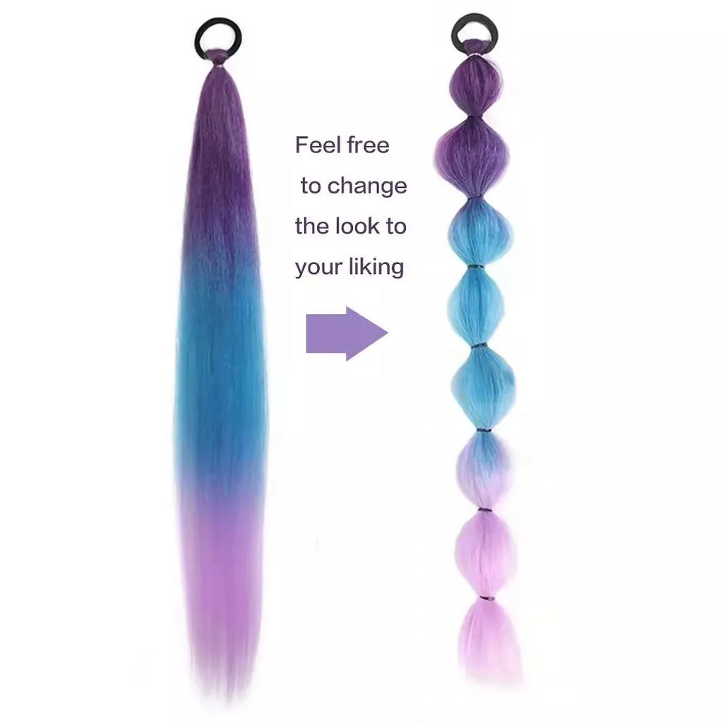2PC Synthetic Purple Ponytail Extension with Rubber Band Long Straight DIY Braided Pony Tail Hairpiece Women Hair Accessories