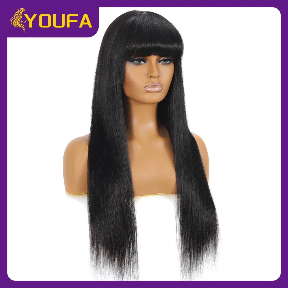 Fake Scalp Bang Human Hair Wigs Raw Indian Straight Human Hair Fringe Wigs Fake Scalp 8-24 Inch 250 Density Human Wigs For Women