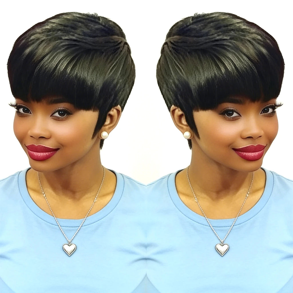 Human Hair Wigs for Women with Bangs 150% Density Straight Hair, Short Pixie Cut Human Hair Wig, Full Machine Made for Daily Wea