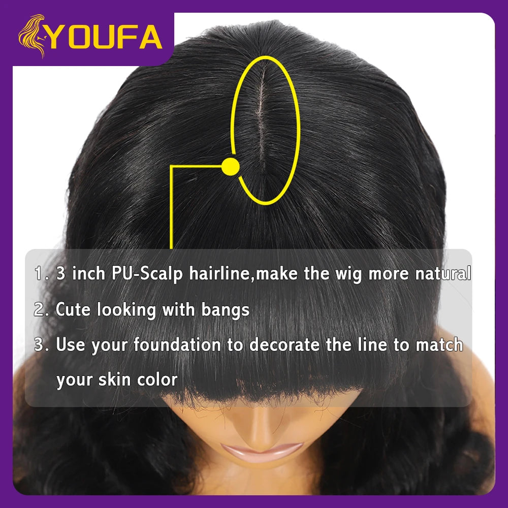 Fake Scalp Bang Human Hair Wigs Raw Indian Straight Human Hair Fringe Wigs Fake Scalp 8-24 Inch 250 Density Human Wigs For Women