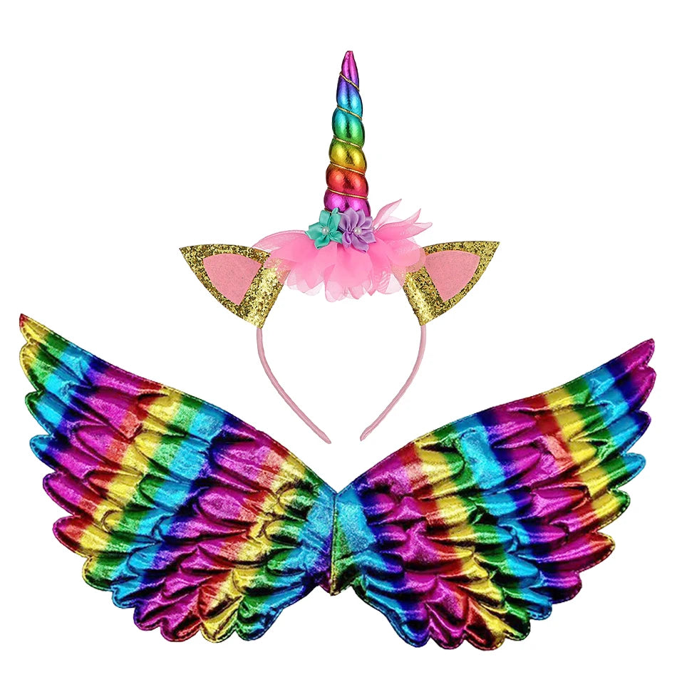 Girls Unicorn Cosplay Hairband Kids Dress UP Wigs Princess Fancy Outfits Accessories Baby Girl Rainbow Braid Synthetic Hair