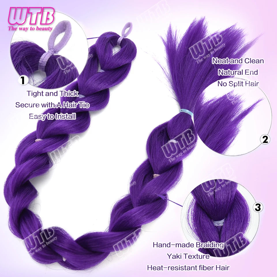 26 inch Purple Braids Ponytail Rubber Band Pre Braiding Hair Synthetic Purple Hair Extensions for Halloween Costume Cosplay
