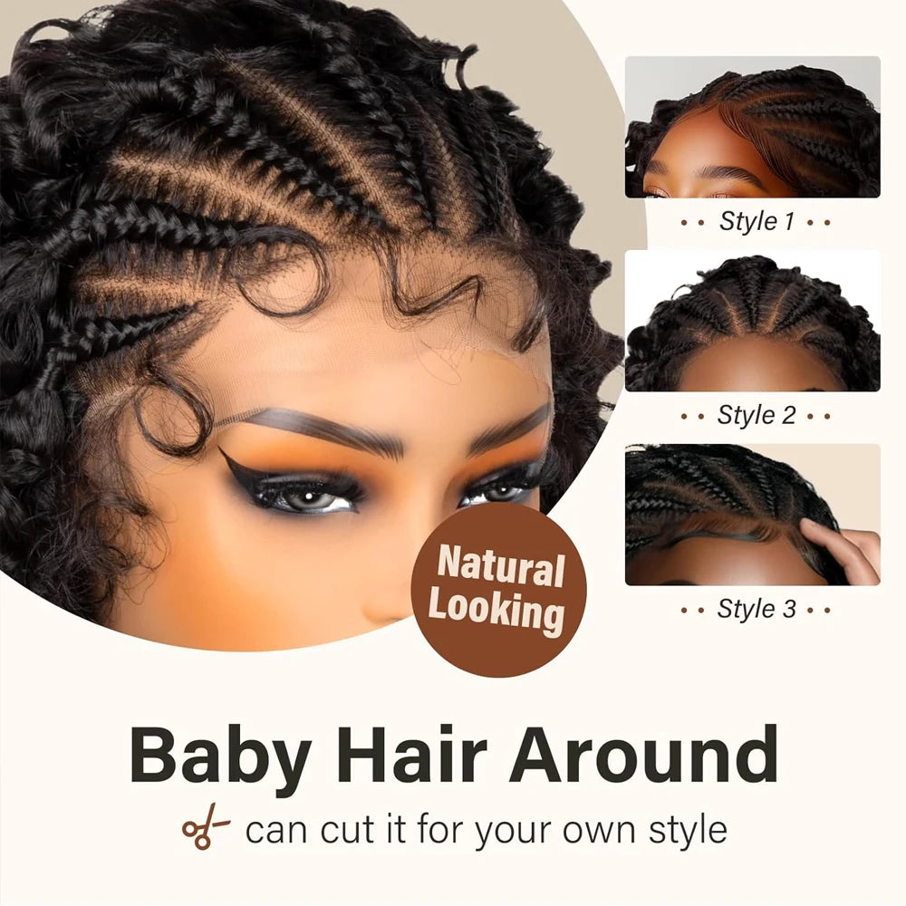 Cornrow Braided Wig with Curly Hair for Black Women 13X4 Synthetic Lace Frontal Handmade Braided Curly Bob Wigs with Baby Hair