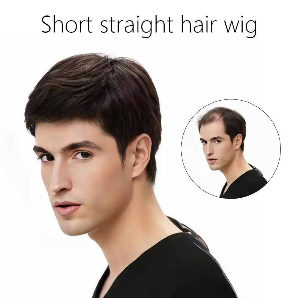 Men's Fashion Wig with Side Swept Bangs - Short Straight Hair Synthetic Full Wig for Men, European Style Ready to Wear
