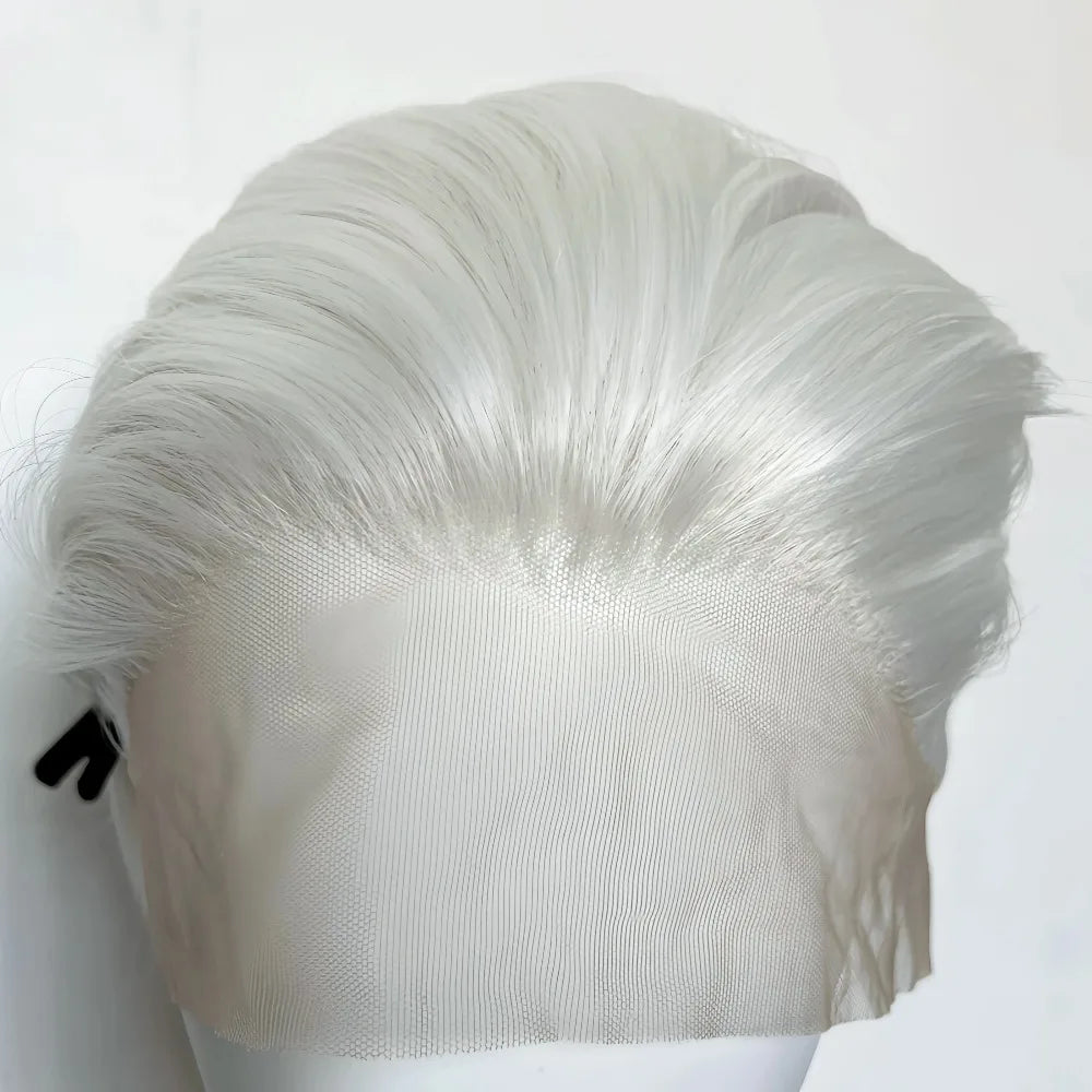 White Wig for Men 6 Inch Short Straight Silver 13*4 Synthetic Lace Front Wigs Heat-resistant Fiber Pelucas for Party Halloween