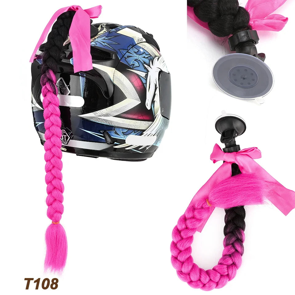 Benehair Syntheitc Helmet Pigtails Gradient Ramp Helmet Braids Ponytail Hair with Suction Cup with Bowknot for Motor Bike 1PCS