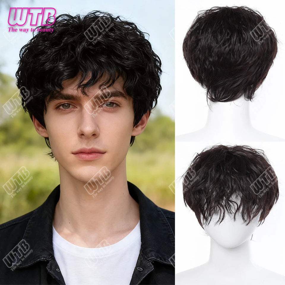 Synthetic Short Curly Boy Party Hair Wig Black Brown Natural Fake False Hair For Men Handsome Breathable Christmas Halloween