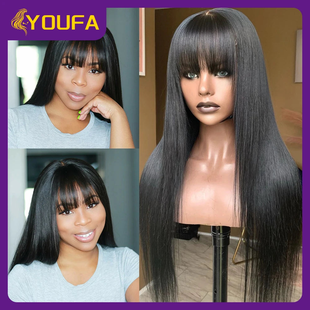 Fake Scalp Bang Human Hair Wigs Raw Indian Straight Human Hair Fringe Wigs Fake Scalp 8-24 Inch 250 Density Human Wigs For Women