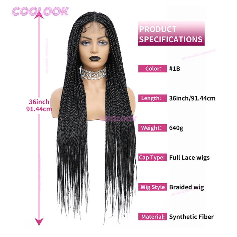 36" Cornrow Braids Lace Wigs Synthetic Full Lace Braided Wigs For Women Knotless Box Braid Wig Braided Wigs