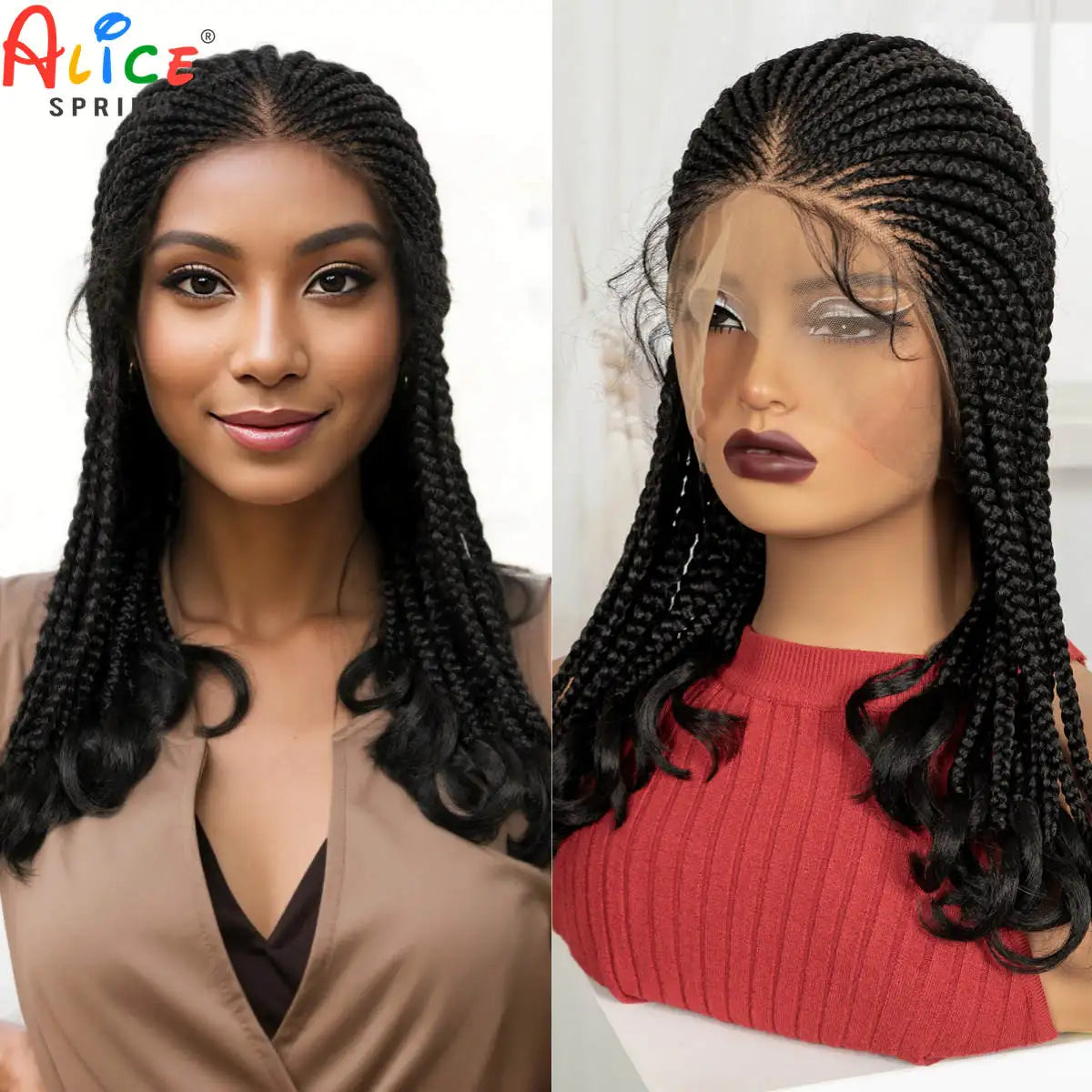 18in Cornrow Braided Wig with Wavy Ends Synthetic Full Lace Braided Lace Wig with Baby Hair Knotless Braids Wigs for Black Women