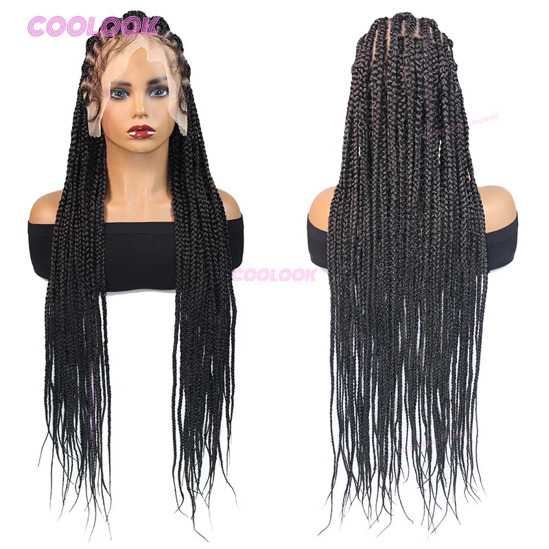 1BBurgundy Cornrow Braids Hair Wigs Synthetic Braided Wigs For Women 36" Knotless Box Braid Wig Full Lace Cornrow Braided Wigs