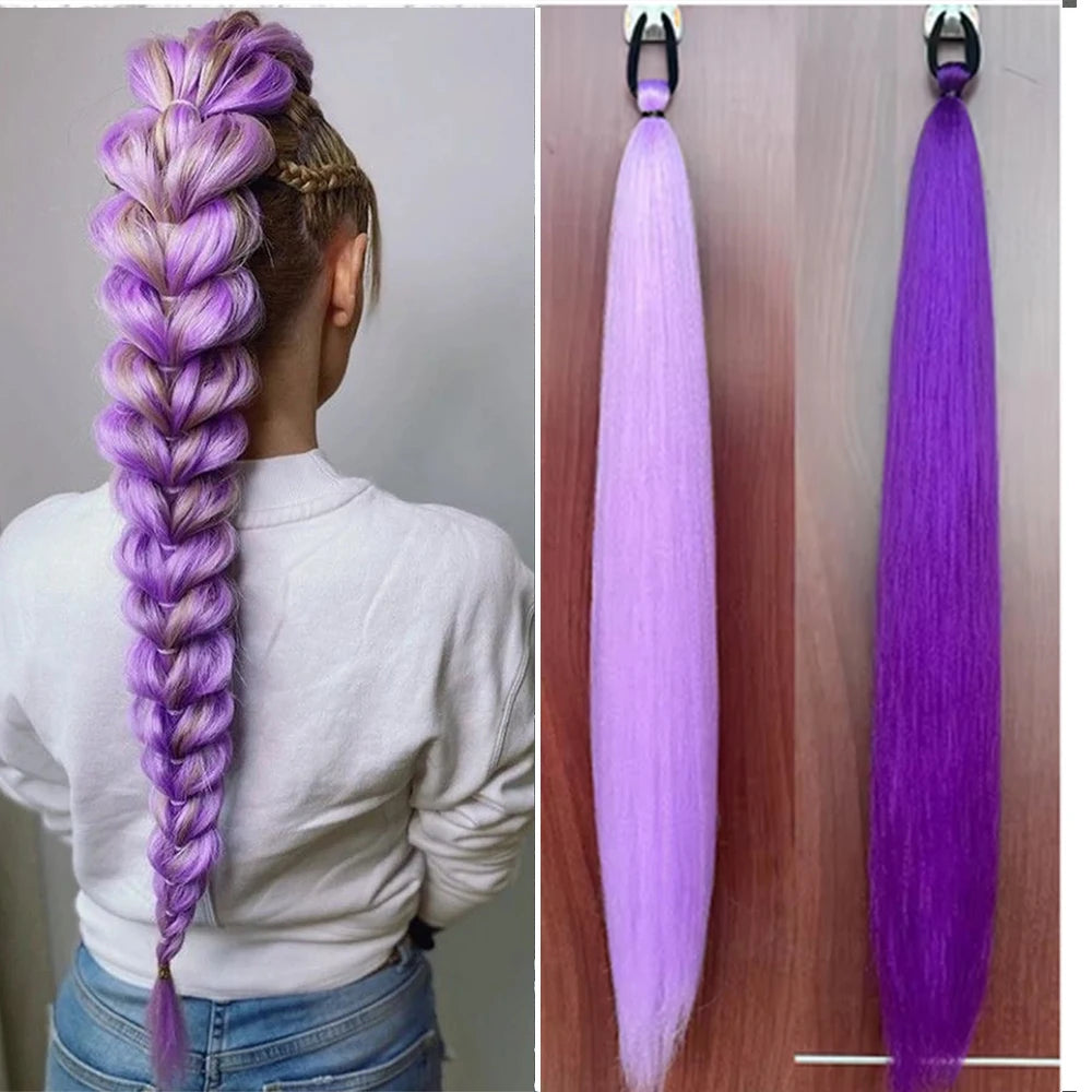 2PC Synthetic Purple Ponytail Extension with Rubber Band Long Straight DIY Braided Pony Tail Hairpiece Women Hair Accessories