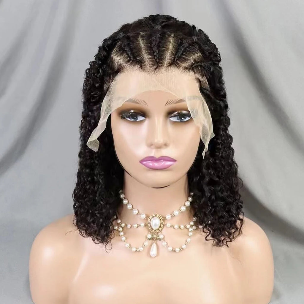 Cornrow Braid Bob Wig Deep Curly Brazilian Human Hair Knotless 13x4 Full Lace Wigs Pre Braided Boho Box Braids Wig For Women
