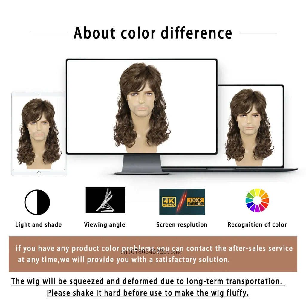 Men's Wigs 70s 80s Synthetic Wig for Men Brown Wavy Curly Mullet Wig with Bangs Halloween Costume Theme Party Wig Heat Resistant