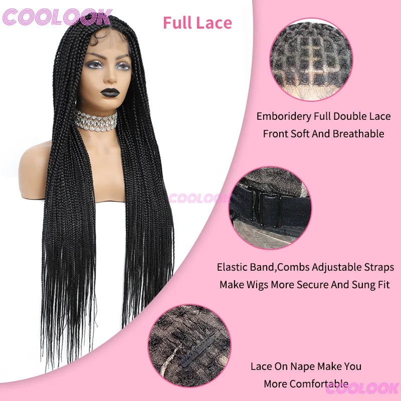 36" Synthetic Box Braided Wigs For Black Women Cornrow Braids Lace Wigs Braids African Wigs