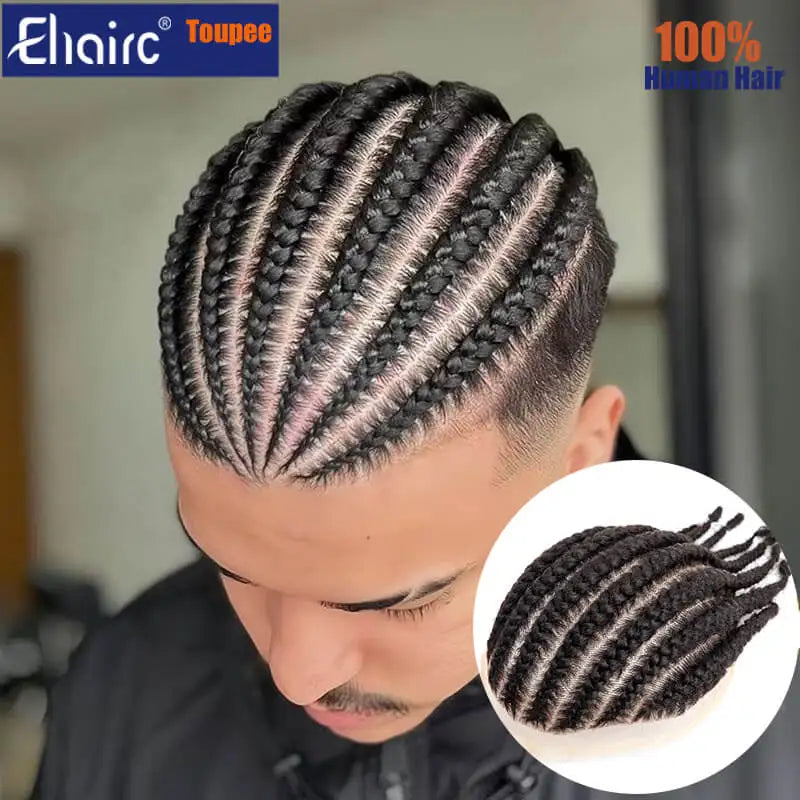 8 Cornrow Braids Toupee For Men Women and Kids,Men's capillary prothesis 6" Cornrow Braids Lace Toupee Men 100% Human Hair