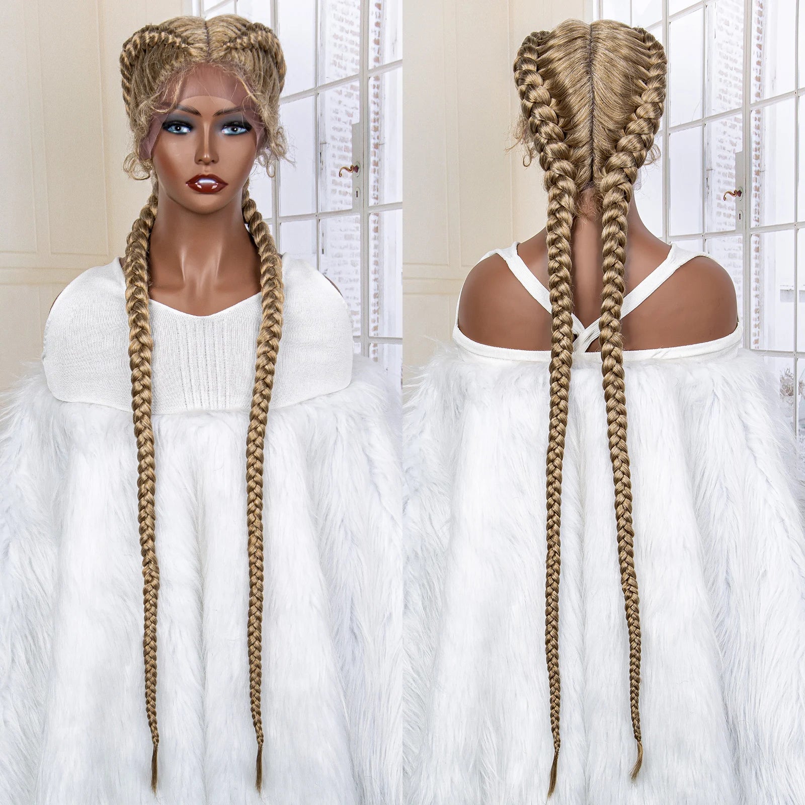 36 Inches Cornrow Braided Wigs Synthetic Lace Front Braids Wigs for Black Women Long Lace Wigs Double Braid Knotless